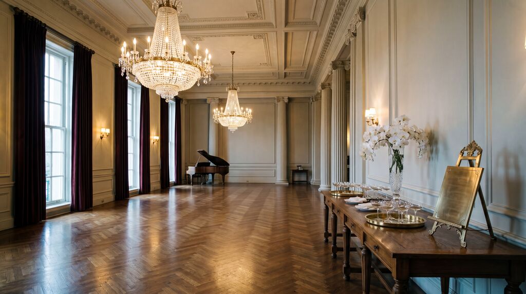 A grand reception hall with crystal chandeliers and herringbone parquet.