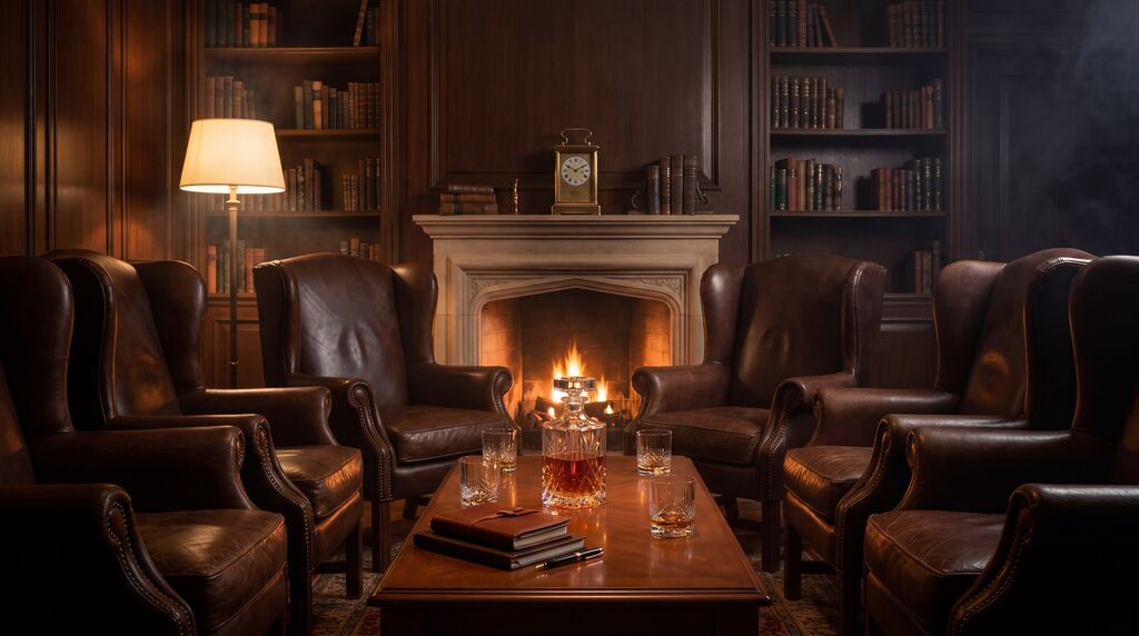 A fireside salon with leather wingback chairs arranged for an evening conversation.